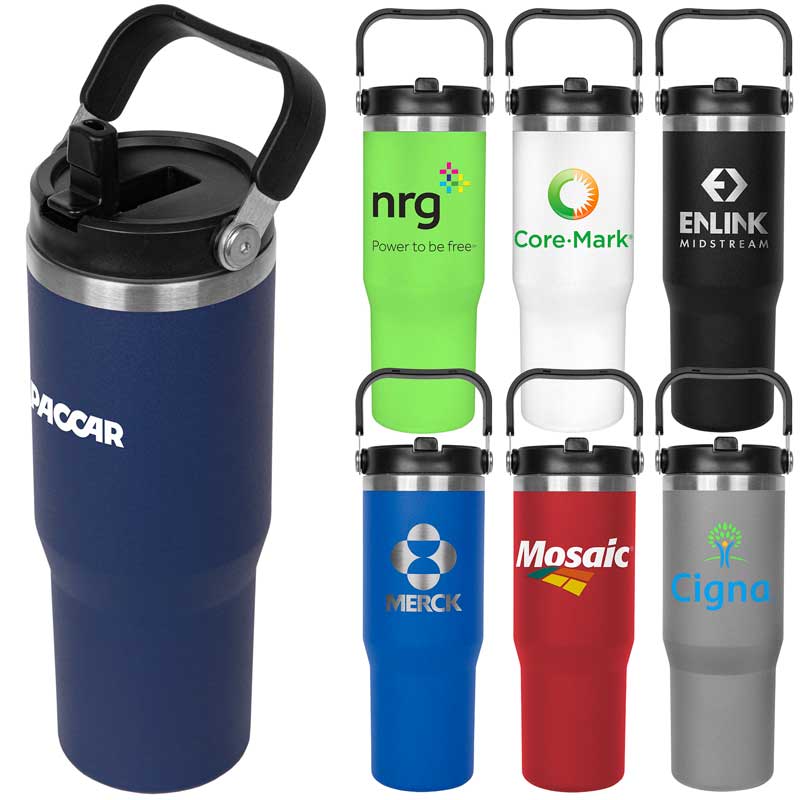 30oz. Stainless Steel Insulated Mug with Handle and Built-In Straw - Holds 30 ounces. Durable powder coating. Double wall, vacuum-insulated. Screw-on lid features a straw and swivel handle.