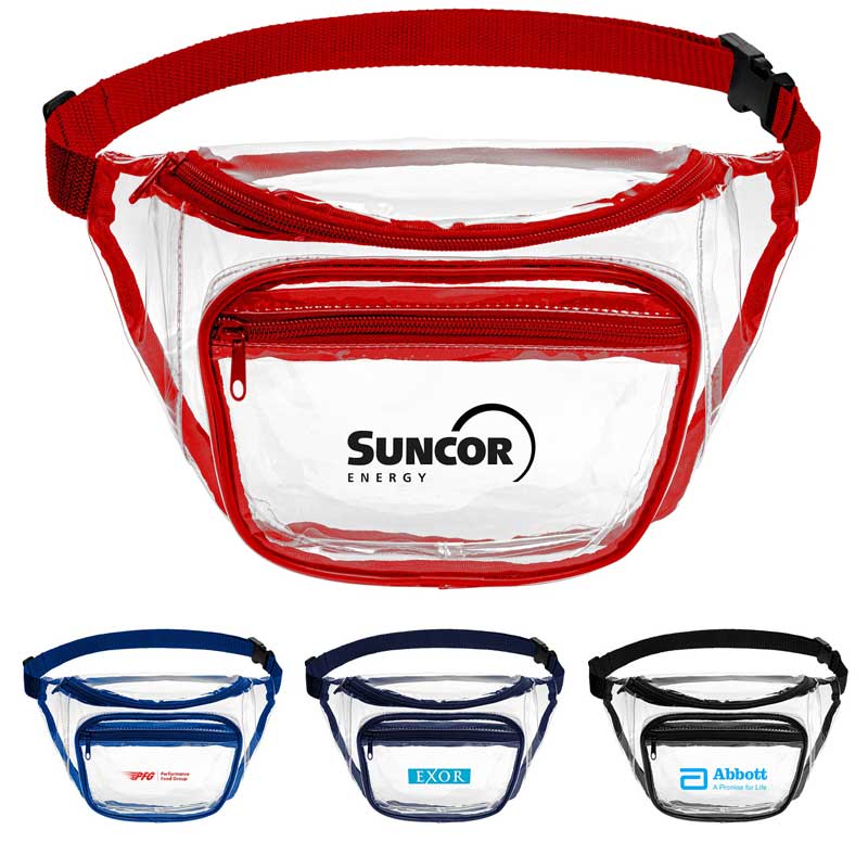 Clear PVC Fanny Pack with Dual Pockets - Large - A must-have for all travel adventures, our large dual-pocket fanny pack is a handy companion to store necessities to go where you need them. Constructed of clear PVC. Great for security checkpoints. One front pocket and a second larger rear pocket. Adjustable strap with a plastic buckle. Easily adjusts to fit waists up to 38 inches.