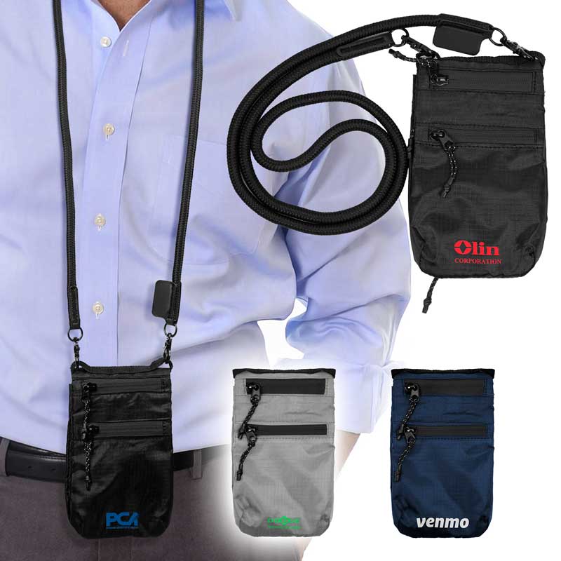 Ultimate Phone and Sling Bag Combo - Comes with a premium lanyard rope with dual metal lobster claws and phone tether tab. The main compartment features 2 front-facing pockets & large rear pocket. The 2nd compartment features 2 large pockets & rear-facing pocket with hook & loop enclosure. All zippers are water-resistant. 210D rip-stop polyester. Optional imprinting on the lanyard and/or tether tab is available for a standard extra run charge of $0.45(v) plus a standard $60(v) set up charge per item. Mix & match colors!