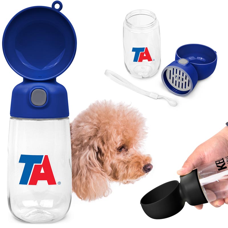 Pet 13 oz. Water Bottle with Bowl - Hit the park, explore the trails, or just enjoy backyard playtime—your furry friend will always have fresh water and snacks by their side with the Pet 13 oz. Water Bottle with 6 oz. Bowl! Leak-proof push button releases water with a quick press. Easy refilling with a wide-mouth opening. Built-in bowl doubles as a feeder too. Wrist strap attaches easily for easy carrying. Stands upright when not in use.