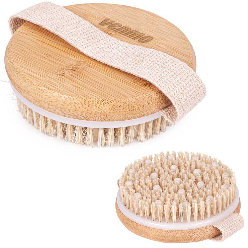 Body Massage Brush - Bamboo - Strap on and get exfoliating! This dual massager and brush easily straps on to your hand and helps exfoliate, improve blood flow and massage sore areas. The color/texture of the engraving will vary from piece to piece due to the nature of the material.