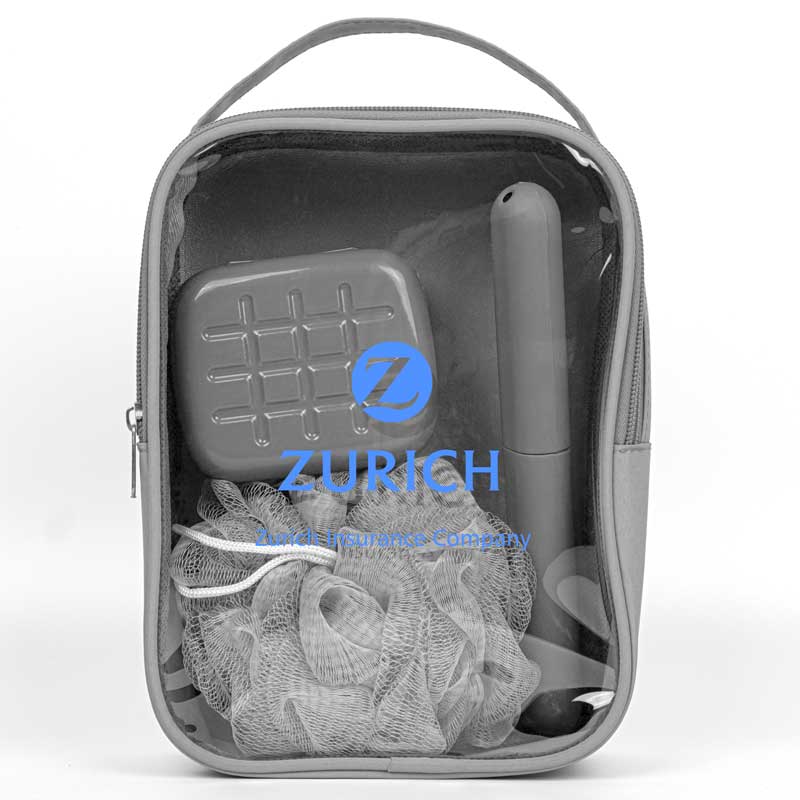 Bath and Toiletries Travel Pack - A sleek and stylish poly travel pack featuring a toothbrush and soap case and bath loofah. Great for packing into your luggage. Comes with a loofah, toothbrush case and soap case. Toothbrush and soap not included.