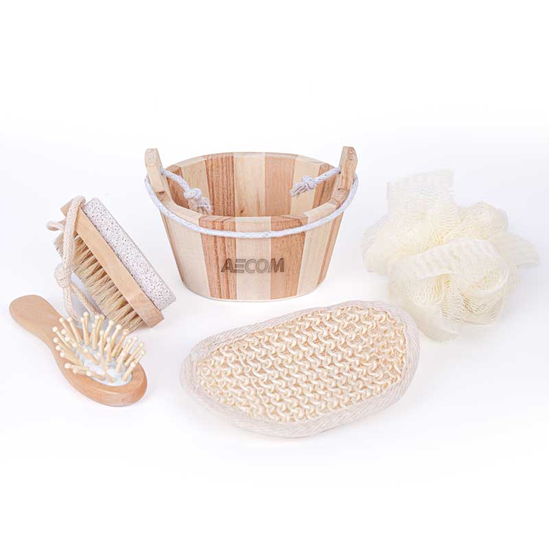 Bamboo Bucket Bath and Beauty Gift Set - 4pcs - Bamboo - Bath set featuring a sisal pad, comb, loofah and dual foot brush & pumice stone. The color/texture of the engraving will vary from piece to piece due to the nature of the material.