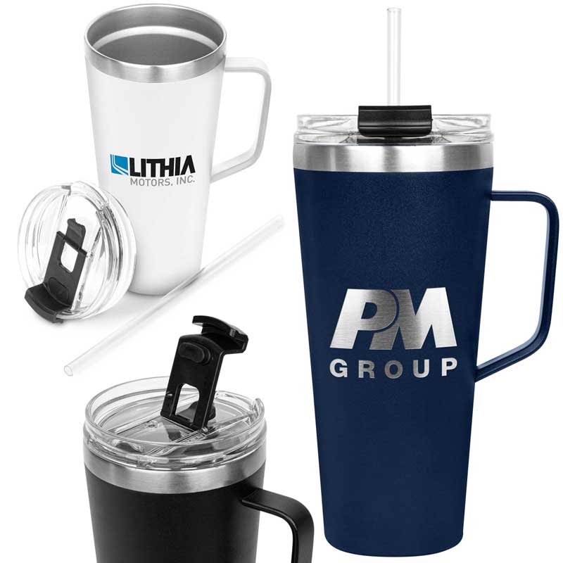 The Puma Mug 30 oz. - The Puma Mug 30 oz. features a double-wall stainless steel vacuum insulation keeps drinks cold for up to 11 hours and hot for up to 7 hours. Soft matte with a durable powder-coated finish and rubber bottom. Pull-off clear straw lid with seal, a dual flip closure, and reusable straw.