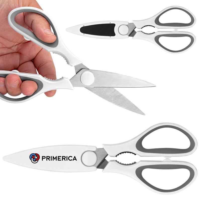 Kitchen Scissors with Magnetic Holder - Meet Kitchen Scissors with Magnetic Holder, which makes cutting a breeze, not a chore. Crafted from premium stainless steel, these beauties are built to conquer mountains of paper, fabric, and more. But it isn't just about brawn, it's got brains (and beauty) too. Gleaming stainless steel. Precise blades. Comfort in Every Grip with soft silicone handles. Top-opener grip and a toothed jaw in the handles for opening bottles, cracking nuts and more. Magnetic blade cover.